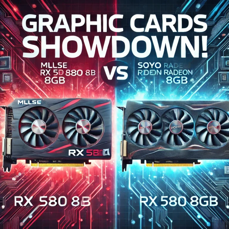 DALL·E 2025-01-14 16.55.40 - An eye-catching thumbnail for a blog comparing the MLLSE AMD RX 580 8GB and SOYO AMD Radeon RX 580 8GB graphic cards